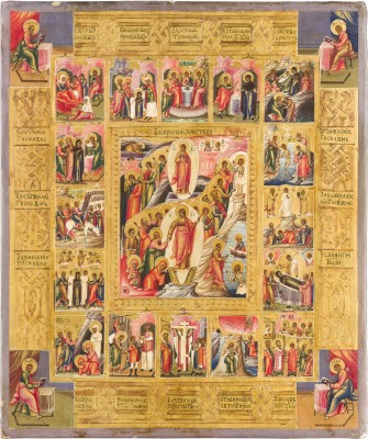 Auction 142<br>IKONE MIT DER HÖLLENFAHRT UND AUFERSTEHUNG MIT 16 HOCHFESTEN DES ORTHODOXEN KIRCHENJAHRES UND DEN VIER EVANGELISTEN