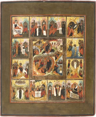 Auction 142<br>GROSSFORMATIGE FESTTAGSIKONE MIT ZWÖLF HOCHFESTEN DES ORTHODOXEN KIRCHENJAHRES