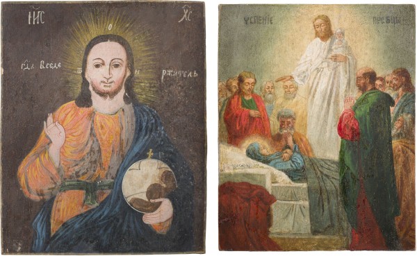 Auction 142<br>ZWEI IKONEN: CHRISTUS PANTOKRATOR UND ENTSCHLAFEN DER GOTTESMUTTER