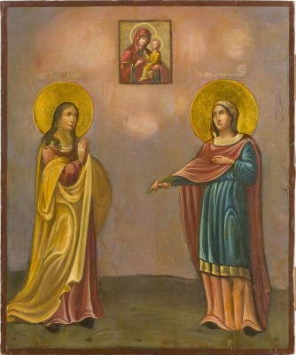 Auction 142<br>IKONE MIT DEN HEILIGEN MARIA MAGDALENA UND KATHARINA MIT DER GOTTESMUTTER VON TICHWIN