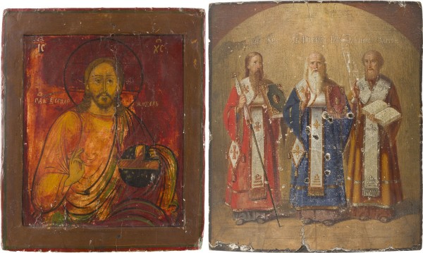 Auction 142<br>ZWEI IKONEN: CHRISTUS PANTOKRATOR UND DIE DREI HIERARCHEN DER OSTKIRCHE