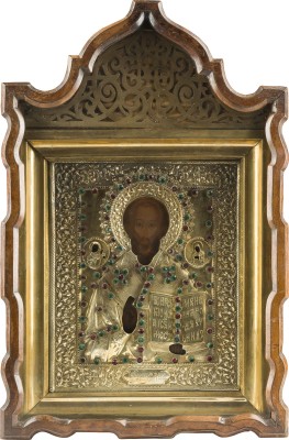 Auction 142<br>IKONE MIT DEM HEILIGEN NIKOLAUS VON MYRA MIT VERMEIL-OKLAD IM KIOT