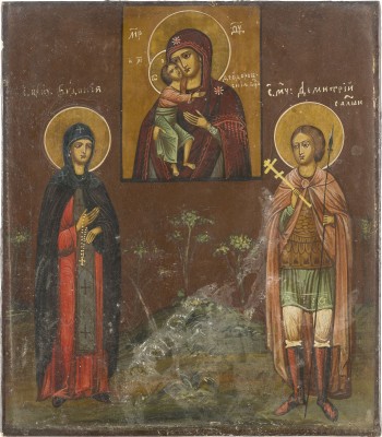 Auktion 142<br>GROSSE IKONE MIT DER GOTTESMUTTER FEODOROWSKAJA UND DEN HEILIGEN EUDOKIA UND DEMETRIUS VON THESSALONIKI