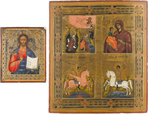 Auction 142<br>ZWEI IKONEN: CHRISTUS PANTOKRATOR UND VIERFELDER-IKONE MIT ELIAS, DER GOTTESMUTTER, DEM ERZENGEL MICHAEL UND GEORG