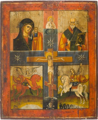 Auction 142<br>VIERFELDER-IKONE MIT DER GOTTESMUTTER VON KASAN, DEM HEILIGEN NIKOLAUS VON MYRA, DEM ERZENGEL MICHAEL UND DEM HEILIGEN GEORG