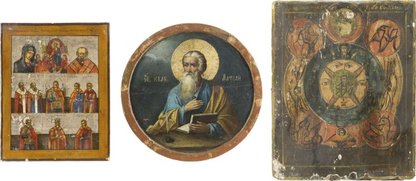 Auction 142<br>DREI IKONEN: DAS 'ALLES-SEHENDE AUGE GOTTES', DER EVANGELIST MATTHÄUS UND MEHRFELDER-IKONE