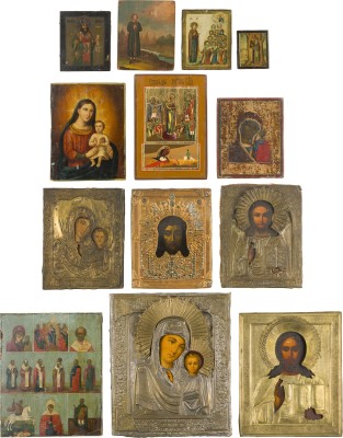 Auktion 142<br>SAMMLUNG VON 13 IKONEN MIT CHRISTUS PANTOKRATOR, GNADENBILDERN DER GOTTESMUTTER UND HEILIGEN