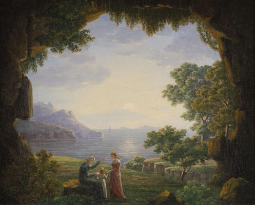 Auktion 146<br>ROMANTISCHER LANDSHAFT MIT BLICK AUS EINER FELSENHÖHLE AUF DIE INSEL ISCHIA UND POZZUOLI IM LICHT DER UNTERGEHENDEN SONNE UND EINER FAMILIE IM VORDERGRUND