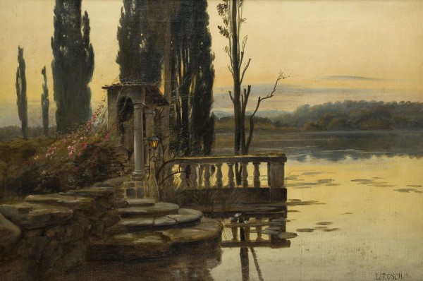 LUDWIG RÖSCH LANDSCHAFT IN DER DÄMMERUNG MIT ZYPRESSEN AM TEICH